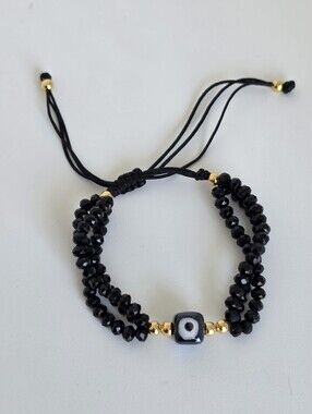 Handmade Black Crystal Evil Eye Adjustable Bracelet Gold Beaded Protection
